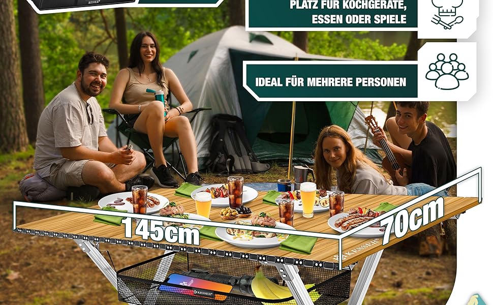 Кемпінговий стіл KESSER® розкладний, з алюмінієвим каркасом, регулювання висоти, 90x53 см, до 100 кг, з сумкою та сітчастою кишенею, (145x70 см, імітація дерева)