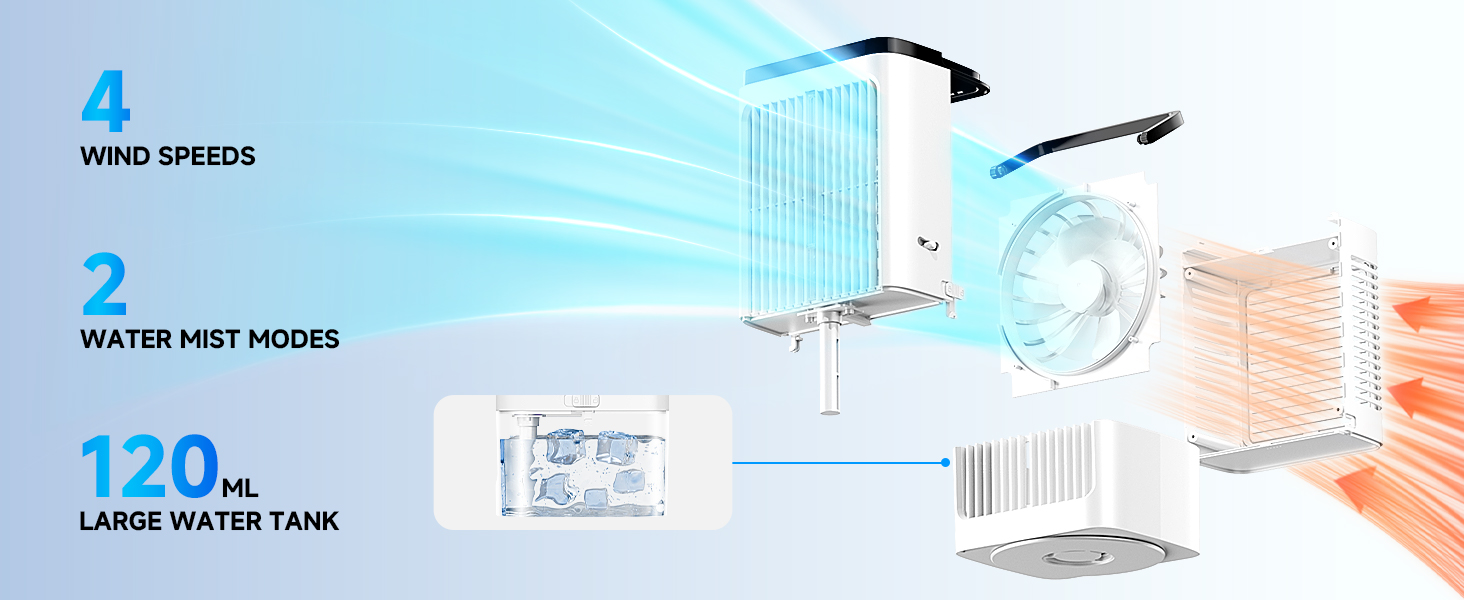 Кондиціонер Мобільний охолоджувач повітря - Мобільні кондиціонери Персональний вентилятор з 4 швидкостями вітру Резервуар для води 1200 мл 7 кольорів світла 2 функції розпилення, таймер 1-8 годин, для спальні Офіс