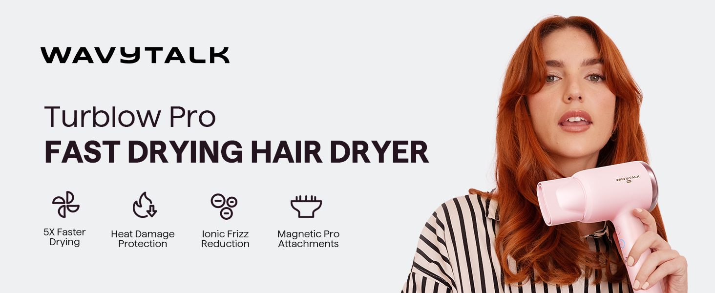 Високошвидкісний фен для волосся Wavytalk TURBLOW PRO з дифузором, 110 000 об/хв, з іонною функцією для зменшення пошкоджень та гладкості, Рожевий
