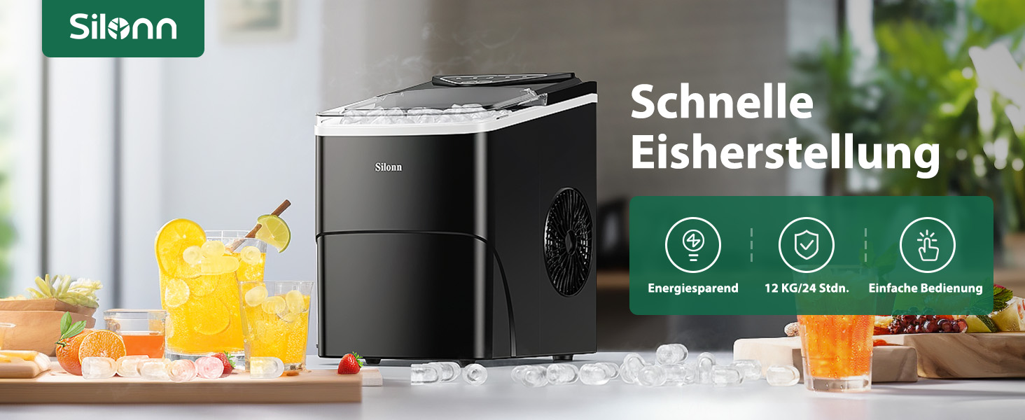 Машина для приготування льоду Silonn, самоочисна, чорна, 2.0L, 9 кубиків за 6 хвилин, 12 кг за 24 години, 2 розміри кубиків для кухні, офісу, бару та вечірки