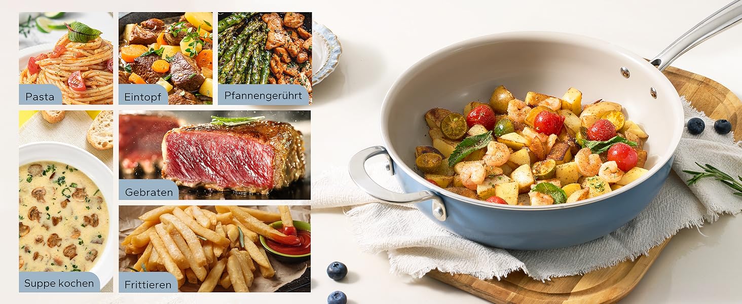 Сковорода Redchef 28 см з кришкою, антипригарне покриття, керамічна сковорода для індукції, з нержавіючою ручкою, без PTFE, PFOA, PFAS, для духовки, придатна для миття в посудомийній машині (Блакитна)