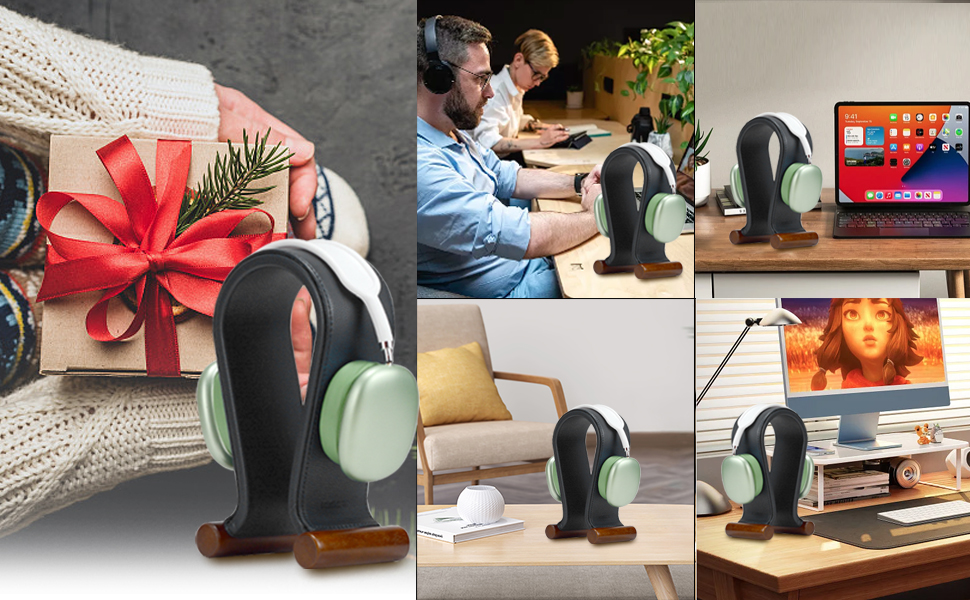 Підставка для навушників SAMDI з дерева та шкіри, універсальна, для геймінгу, дому, офісу (чорний)