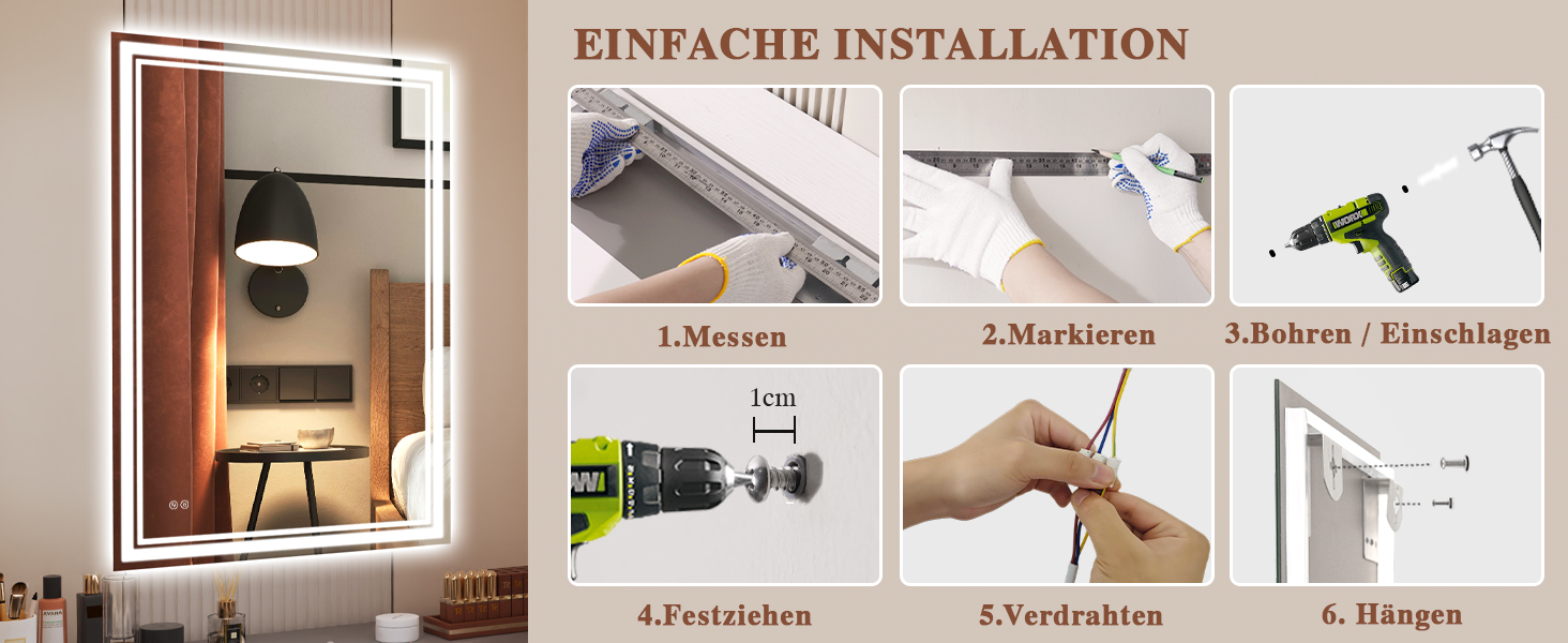 Дзеркало для ванної кімнати з підсвічуванням Badspiegel 50x70см LED, антизапар, сенсорне керування, регулювання яскравості, 3 кольори світла, настінне, горизонтальне/вертикальне