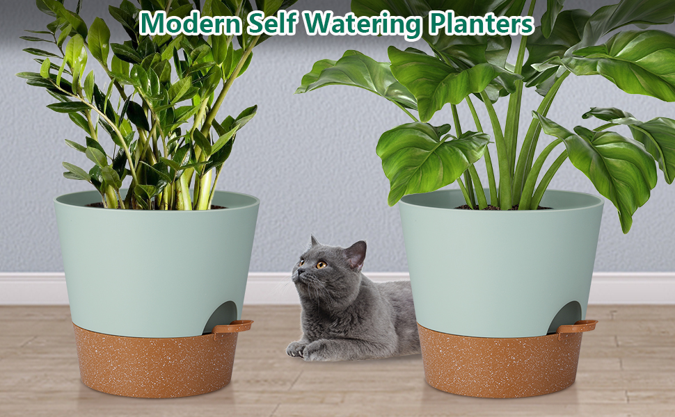 Набір з 2 горщиків для квітів 25.4 см, пластик, з системою поливу, для дому, балкону, саду, сукулентів, кактусів (зелений, коричневий)