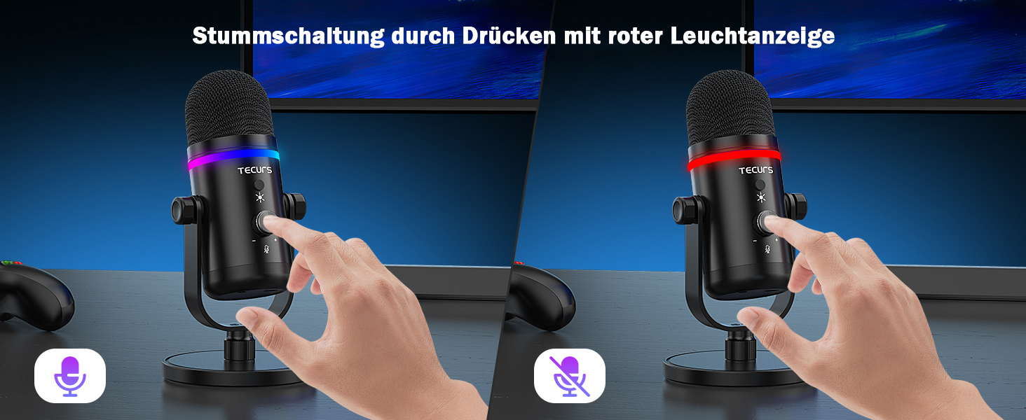 TECURS Мікрофон USB для ігор з RGB підсвічуванням, шумозаглушенням та студійним звуком – для стрімінгу, подкастів, PC, Mac, PS4, консолі, чорний