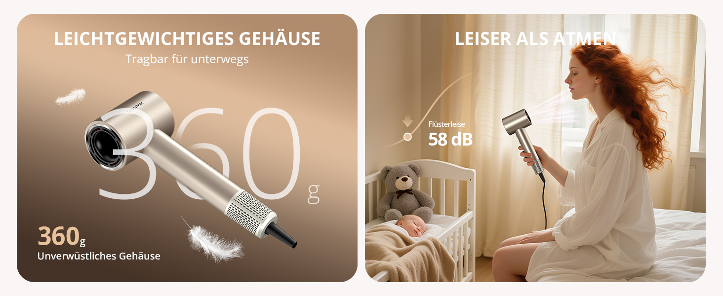 Іонний фен для волосся з безщіточковим двигуном 180 000 об/хв, компактний дорожній фен з 4 режимами температури та захистом від перегріву, колір Oro Champán