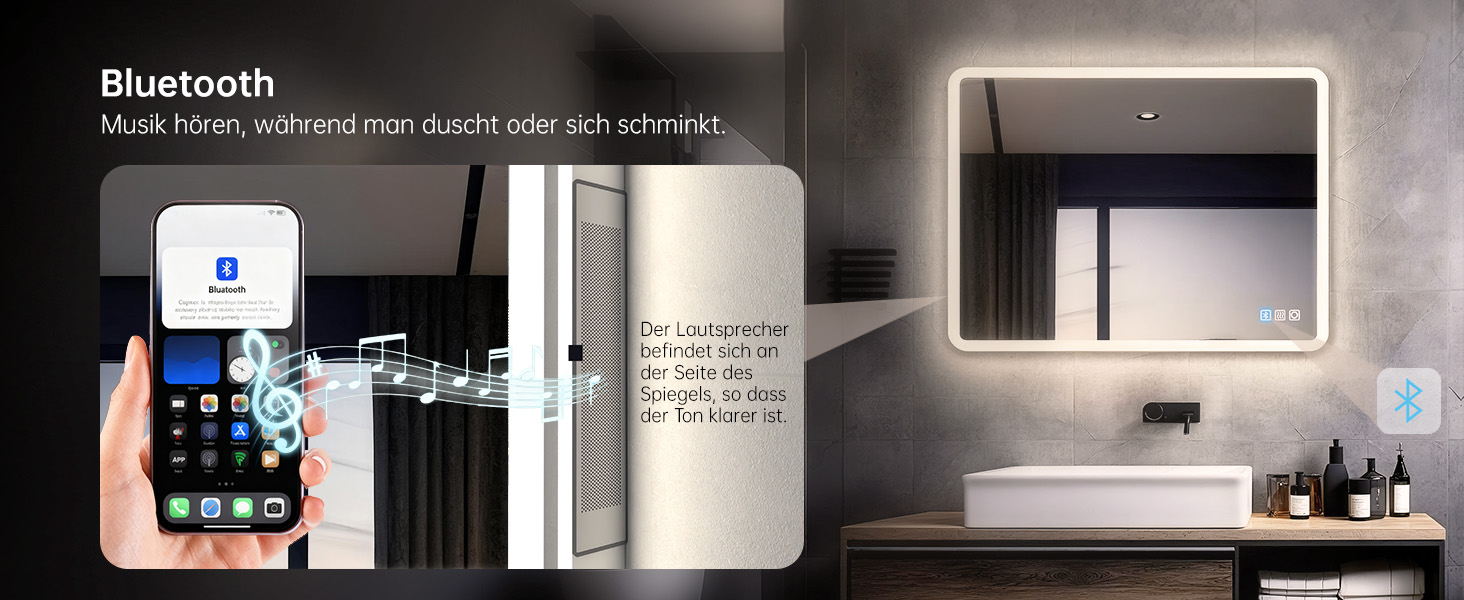 MIQU LED дзеркало для ванної кімнати з підсвічуванням 100x60 см, дзеркало для ванної з сенсорним регулюванням, антизапар, 3 кольори світла + Bluetooth + розетка, прямокутне з закругленими кутами