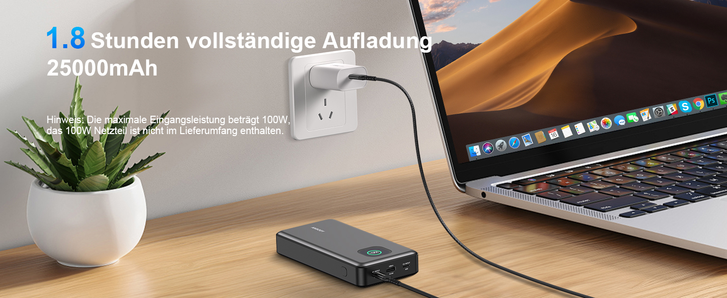 Power Bank 140W, 25000mAh з дисплеєм для ноутбука, MacBook, iPad, iPhone, Switch. Швидка зарядка PD3.1 (Сірий)