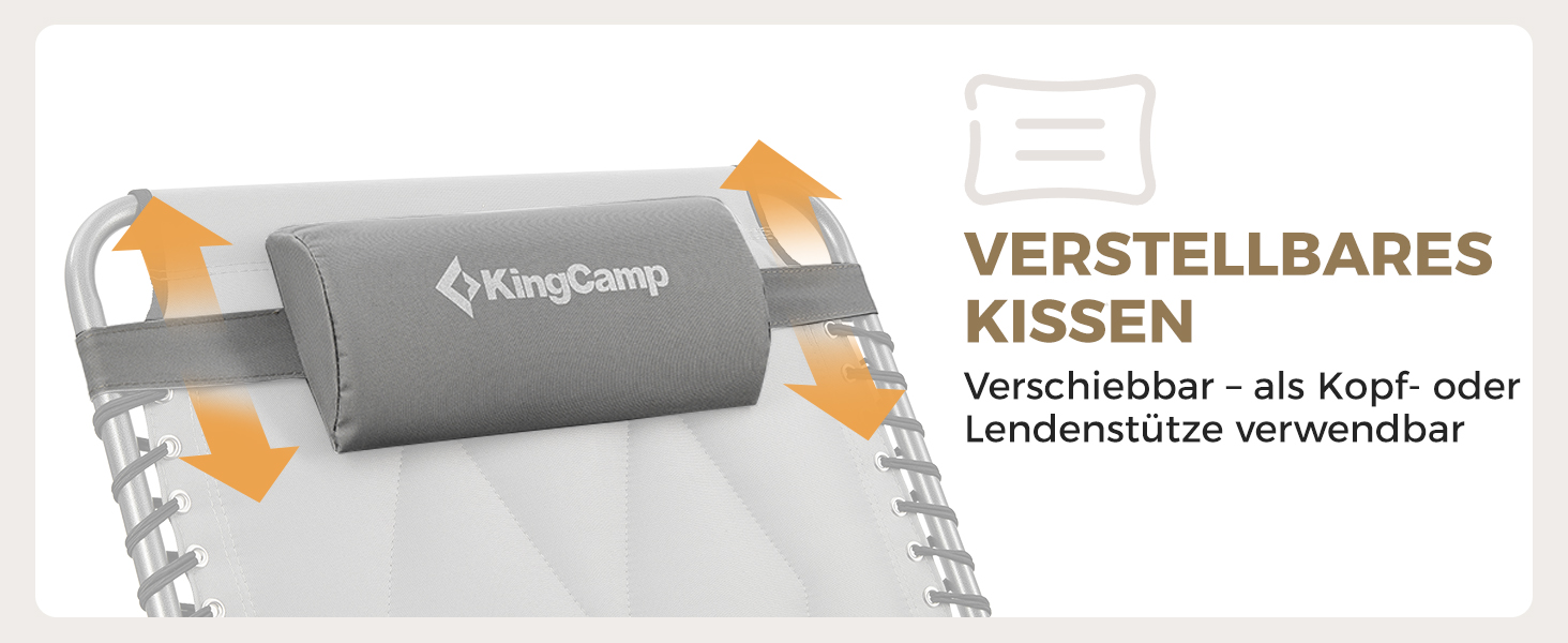Лежак для відпочинку KingCamp великого розміру, складаний, 5 положень, для саду, кемпінгу, пляжу, з подушкою та кишенею, до 200 кг, 200 x 68 см, сірий