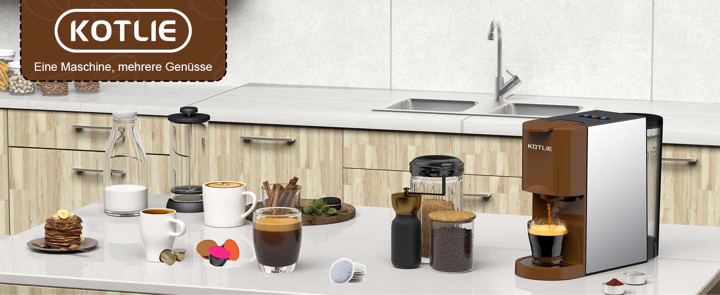 Кавомашина KOTLIE Espresso 4-в-1 для NES/Dolce Gusto/меленої кави/ESE (44мм), 19 Бар, коричнева