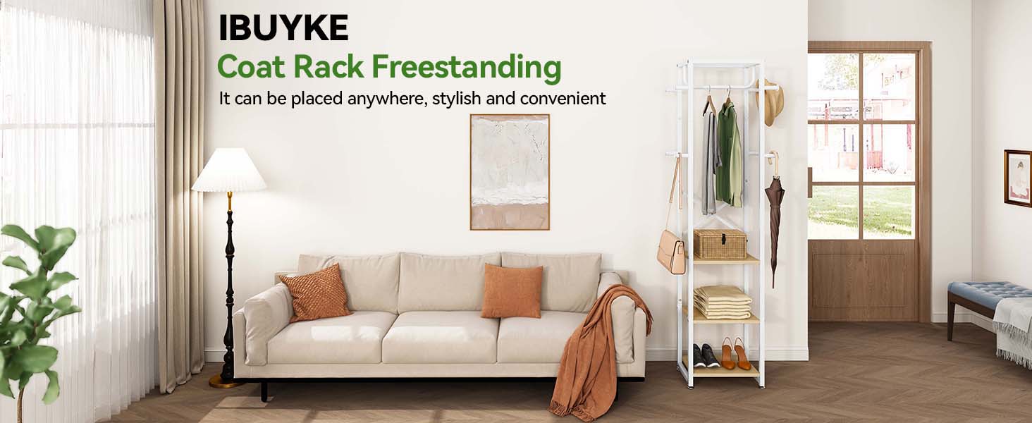 Підставка для одягу IBUYKE, вільного стояння, з 3 полицями та 8 гачками, індустріальний дизайн, для передпокою, коридору, спальні, 180 x 40 x 30 см, колір: натуральний та білий