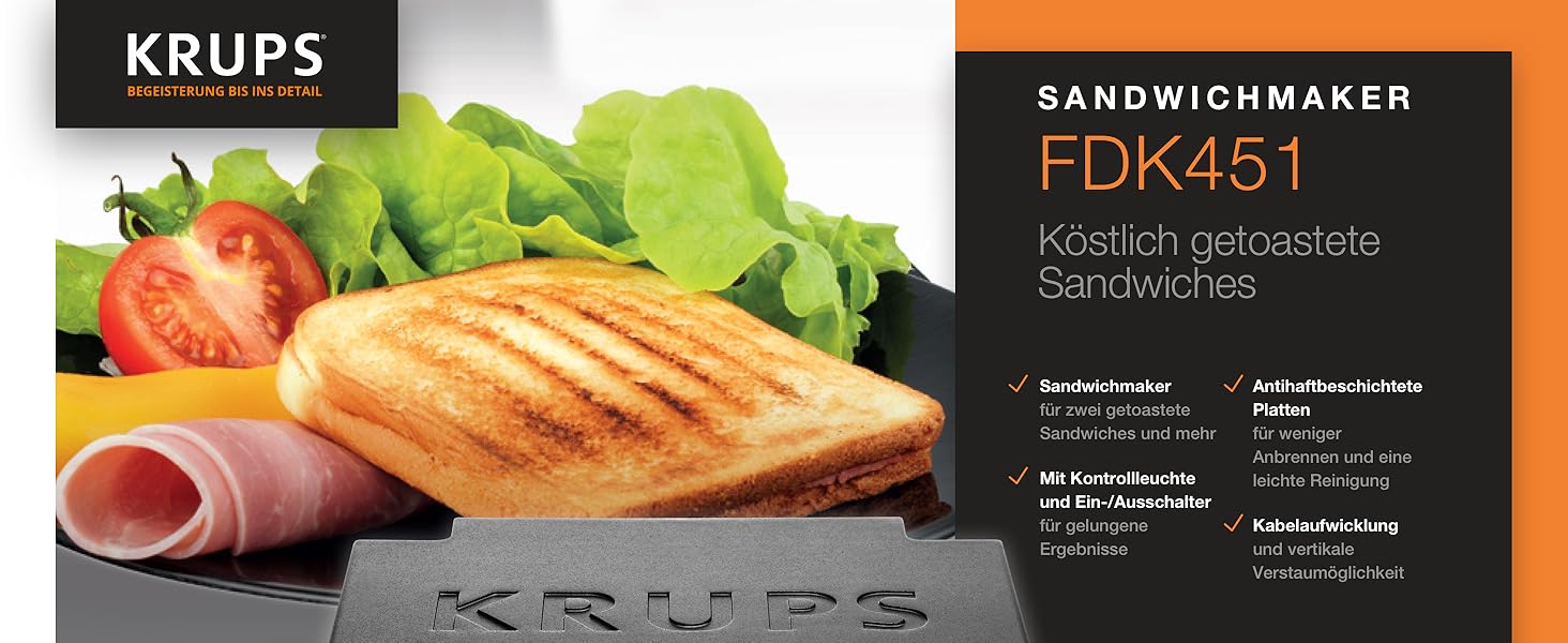 Тостер для сендвічів Krups FDK451: трикутні тости, антипригарне покриття, 850 Вт
