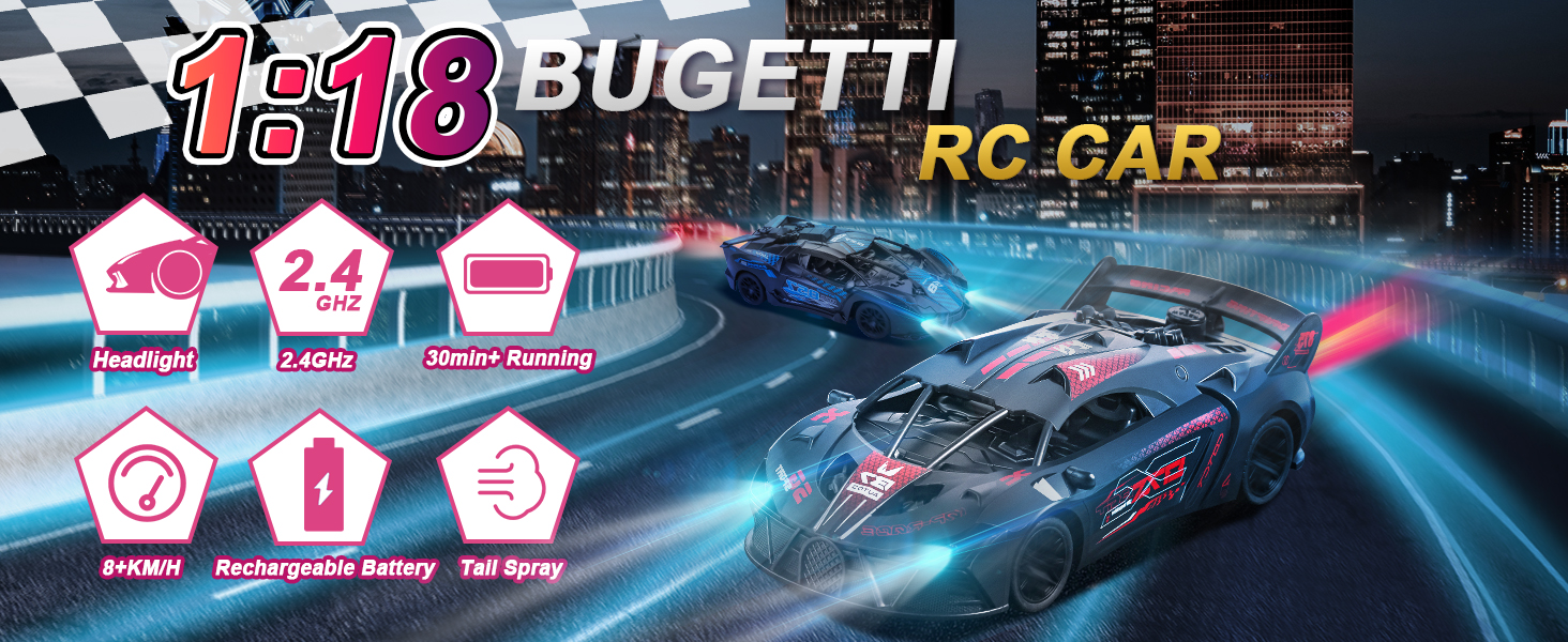 Радіокерований автомобіль Bugetti 1:18 з пультом, розпилювачем, світлодіодами, акумулятором для дітей від 3 років