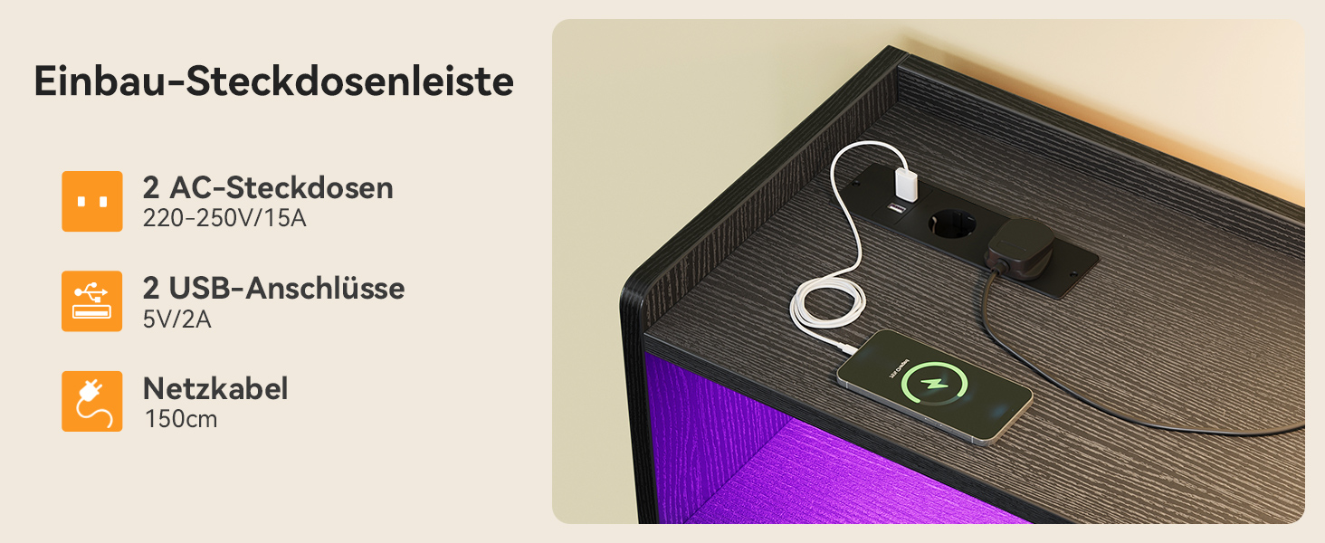 Комод ODK з шухлядами, 2 розетки, 2 USB, 10 LED-смужок, полиця, стільниця, 9 тканинних шухляд, чорний колір, 130x30x97 см