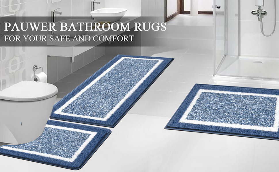 М'який килимок для ванної кімнати Pauwer, комплект з 3 шт., мікрофібра, вбираючий, антиковзаючий, синій (45x65 + 45x120 + 50x60 см)