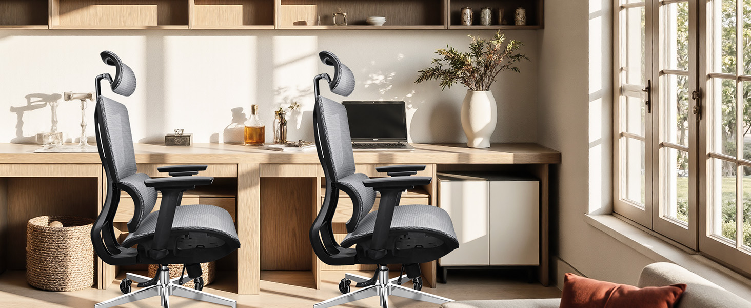 Ергономічне крісло для офісу та дому, 4D підлокітники, регулювання глибини сидіння, 4-рівневий нахил, гумові колеса, сітчасте сидіння, висока спинка, для великих людей, Homeoffice & Gaming (Сірий, сітчасте сидіння)