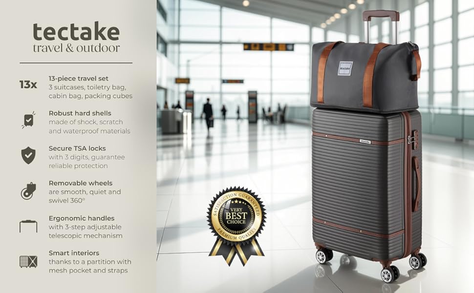 Набір валіз Tectake 13 шт. з валізою, сумкою та ролерами: 3 великі валізи, TSA-замок, сірий