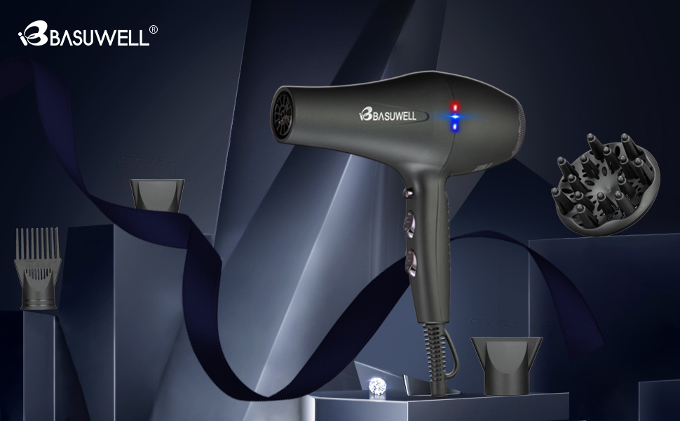 Професійний фен Ionen з іонізацією, 2400W, 2 швидкості, 3 налаштування температури, 2 концентратори, 4 гребені, 1 дифузор, холодне повітря, для дому та салону, чорний преміум