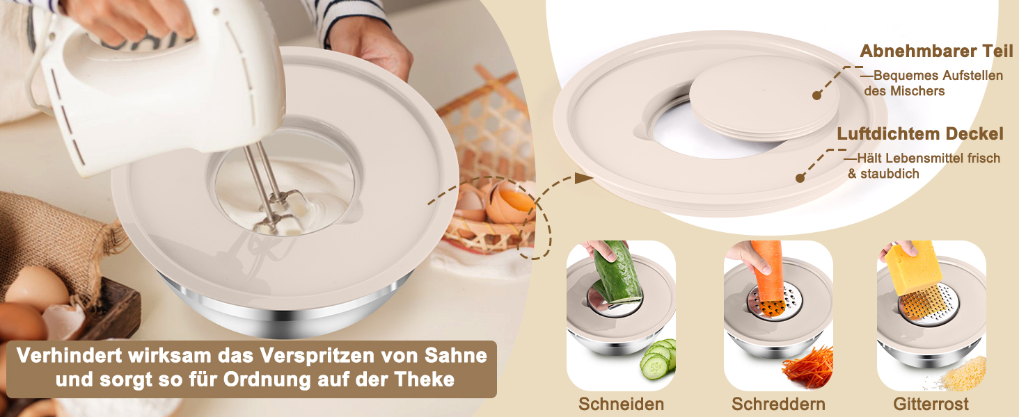 Набір мисок Onader (6 шт) з нержавіючої сталі з кришками та тертками для кухні, 4.6/2.8/2.5/1.6/1.2/0.7 л, стакові та придатні для миття в посудомийній машині, бежевий колір