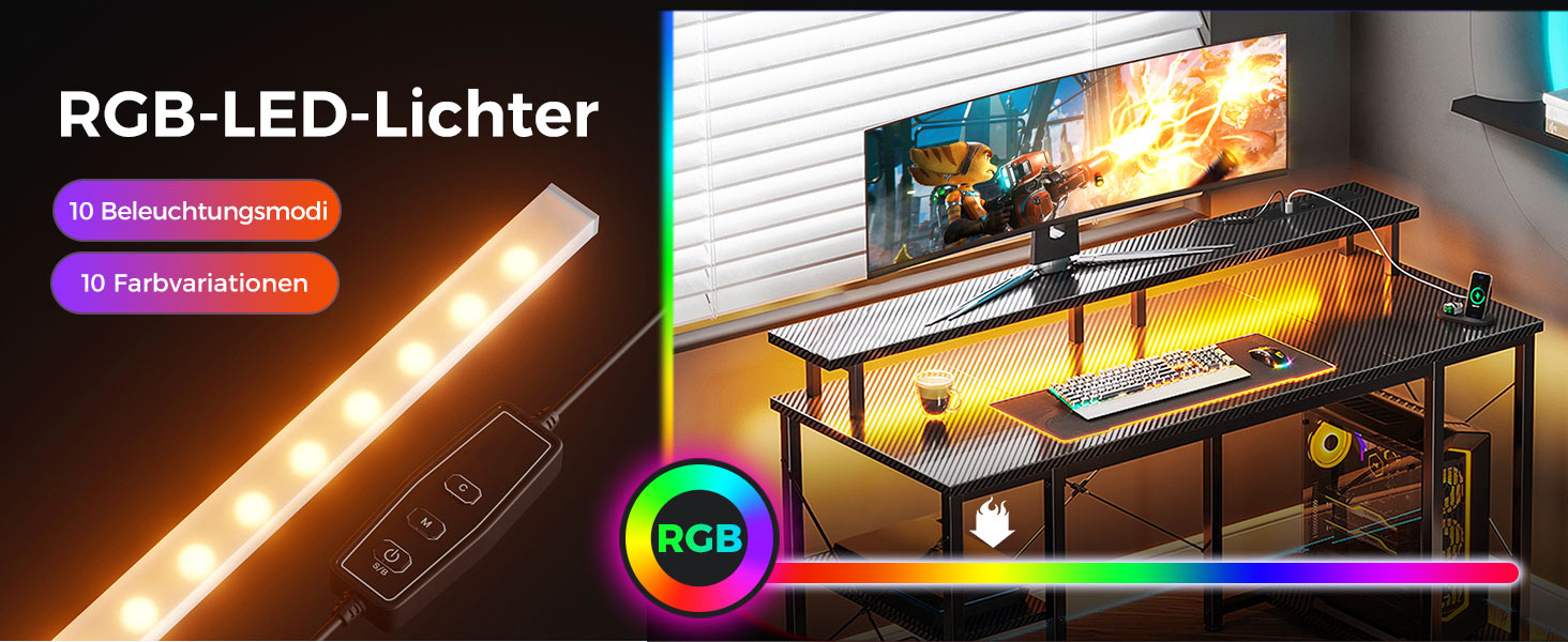 Ігровий стіл Coleshome з LED-підсвічуванням, 120x50 см, з USB та розетками, з підставкою для монітора та місцем для зберігання
