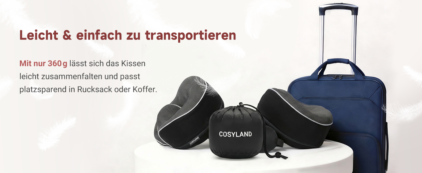 Подорожня подушка для шиї COSYLAND з ефектом пам'яті (Memory Foam) для літака та авто, ергономічна підставка 360°, чорна (набір: маска для сну, беруші, чохол)