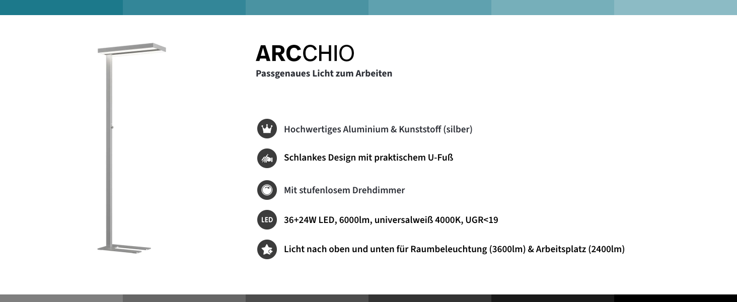 Світлодіодний офісний торшер Arcchio з регулюванням яскравості, Uplight & Downlight, 6000 лм, 4000K, срібло