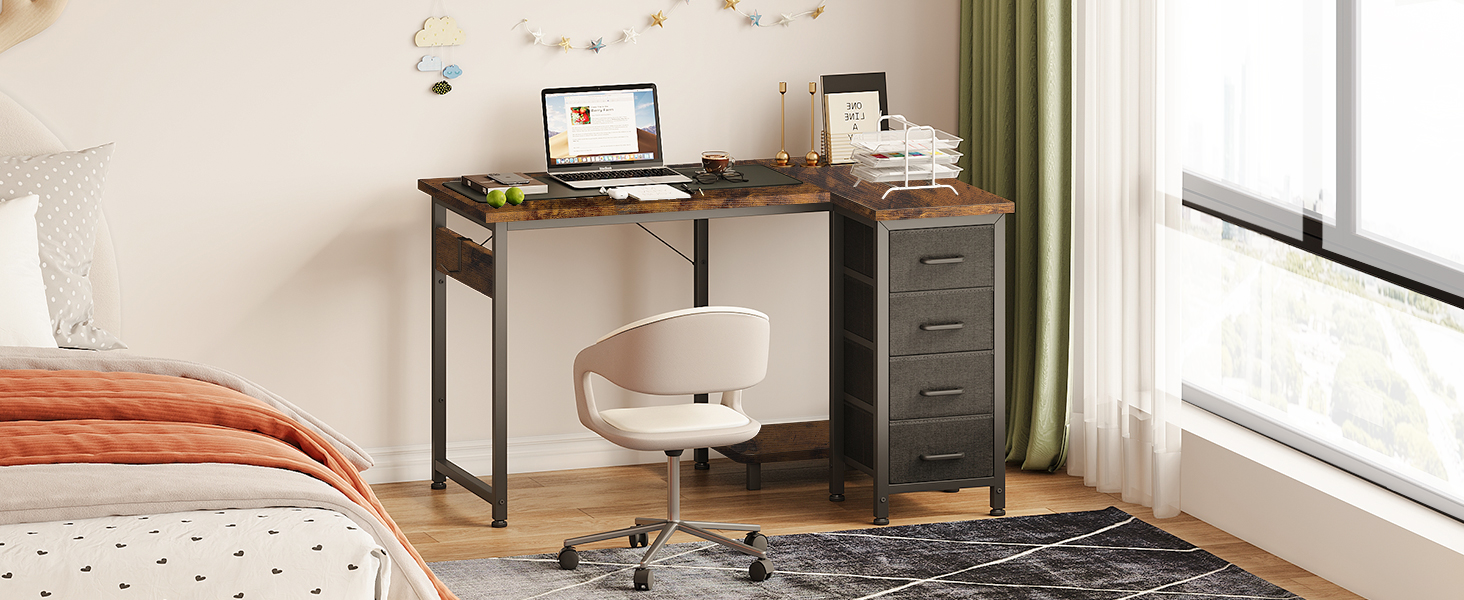 Комп'ютерний стіл Coleshome L-подібний, 120x70 см, 4 шухляди, для офісу/кабінету/спальні, вінтажний коричневий