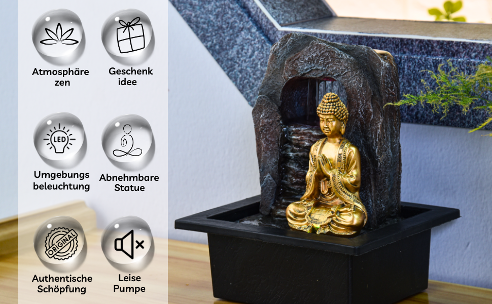 Джерело води Zen'Light Dao від Zimmerbrunnen: Будда, LED-підсвітка, для медитації та релаксації. Декор Фен-Шуй, висота 26 см, горіх