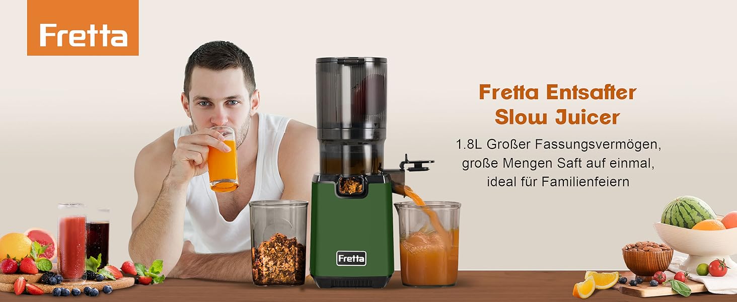 Фреш-прес Fretta Slow Juicer: Швидкий та зручний соковичавник з нержавіючої сталі для овочів та фруктів, 135 мм, 1.8 л, з функцією реверсу, 250W (Темно-зелений)