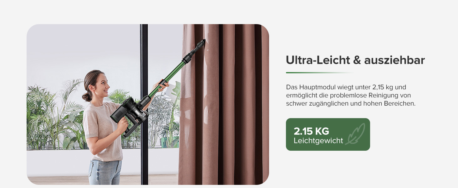 Бездротовий пилосос Vexilar Akku: 60 хв роботи, 45 kPa, 550 W, безщітковий мотор, LED дисплей, 6-в-1, тихий, для дому/авто, тверді підлоги, килими, шерсть тварин, зелений