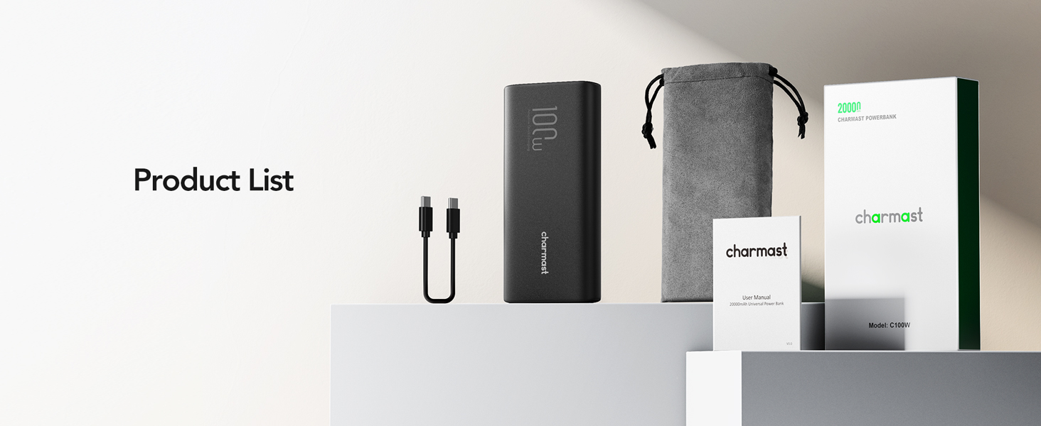 Зарядний пристрій Charmast Power Bank PD 100 Вт 20000 мАг Power Bank PD 20000 mAh Power Bank USB C External Battery Quick Charge 3.0 сумісний з ноутбуком MacBook Pro, Dell XPS, Lenovo, iPhone 11 / XS / X / XR, Huawei, Samsung, більше смартфонів