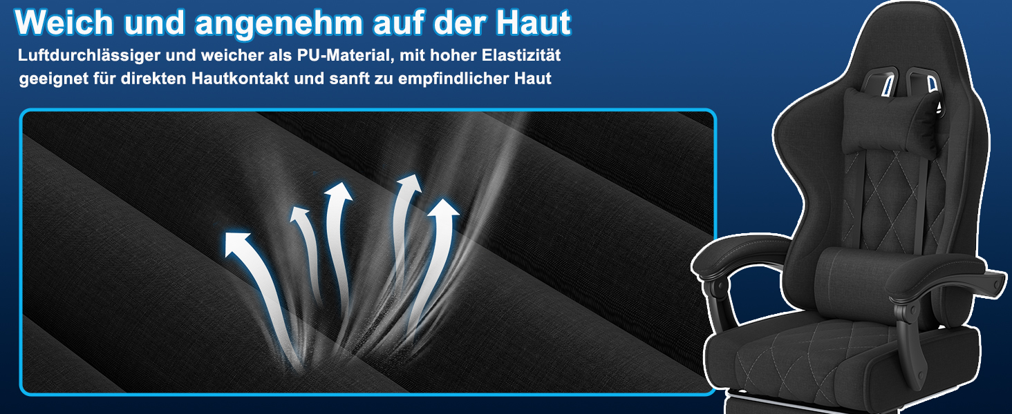 Ігровий крісло JUMMICO з тканини та підлокітниками з піною, ергономічний офісний крісло з масажером. Крісло має підголівник, підставку для ніг, регулювання висоти. Максимальне навантаження: 150 кг, чорний колір