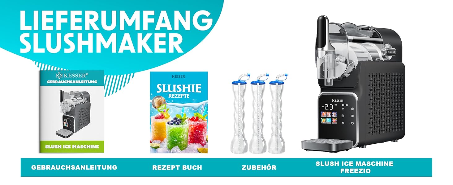 KESSER® Машина для приготування сляшу вдома - Сляш-мейкер 2L - для сляшу, коктейлів, фраппе, молочних коктейлів та замороженого соку - за 25 хв та з 6 програмами - в комплекті 3 стаканчика та книга рецептів, (2 літри, Чорний)