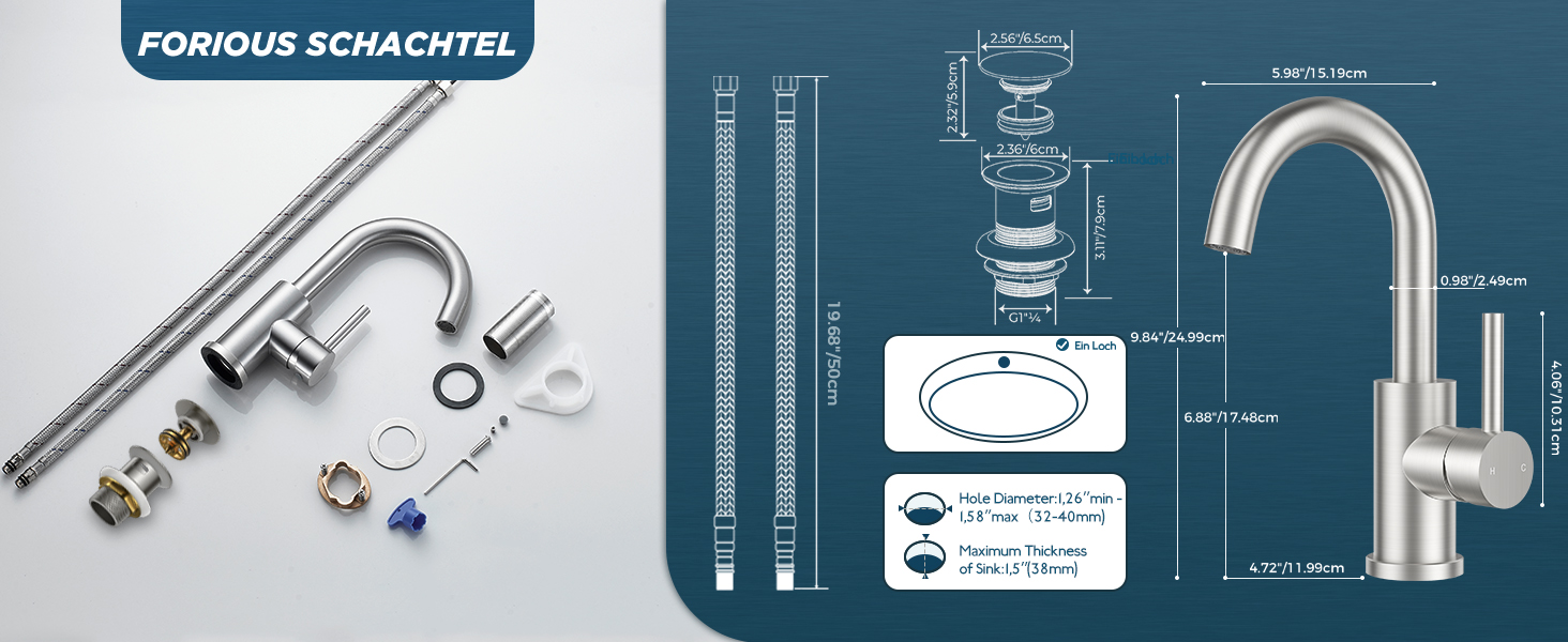 Змішувач для ванної кімнати/кухні FORIOUS Hoch 360° з нержавіючої сталі, з підйомом 175 мм, з підключенням до гарячої та холодної води, для мийки, для дому та кемпінгу