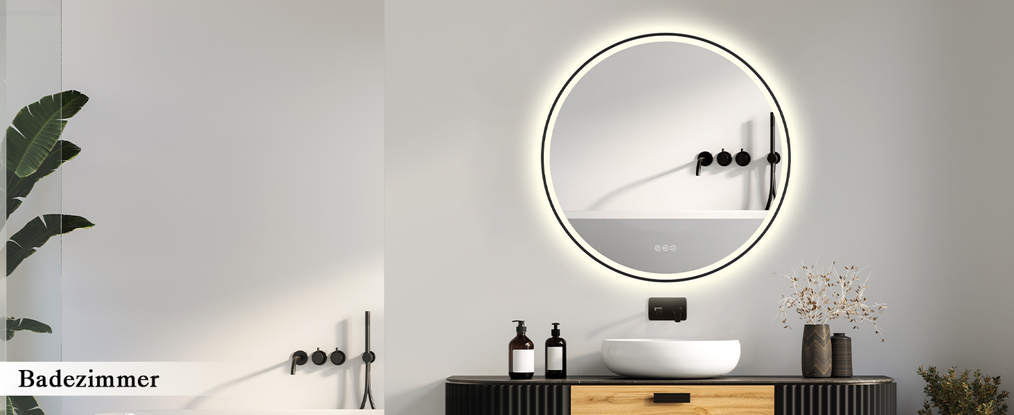 Дзеркало для ванної кімнати з підсвічуванням LED, кругле, 50 см, сенсорне керування, регулювання яскравості, функція пам'яті, захисне скло HD, захист від вибуху, Bluetooth, антизапар, металевий каркас, 60x60 см