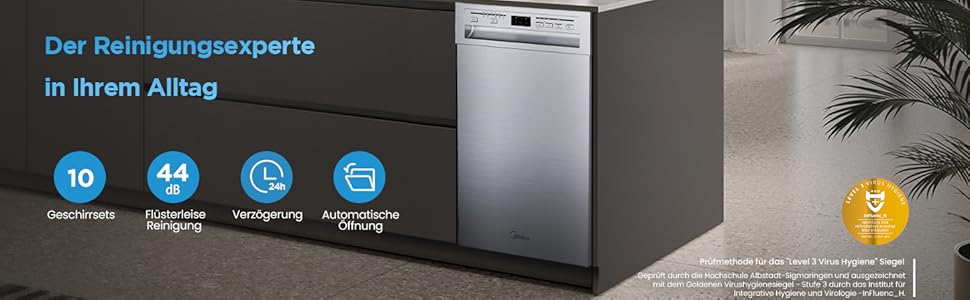 Посудомийна машина Midea SV 5.14K10C, 45 см, 10 комплектів, вбудована, WIFI, 8 програм, 44 дБ, автоматичне відкриття дверцят, таймер затримки 0-24 год, Inox