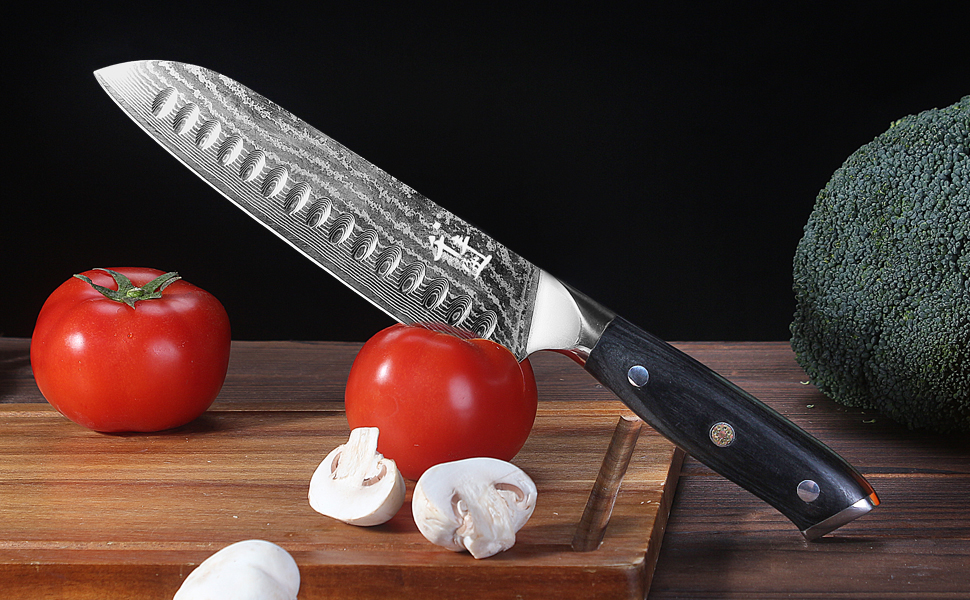 Дамаскенський сантоку 18 см - професійний ніж для кухні з дерев'яною ручкою, високовуглецева сталь, VG10, нержавіюча сталь