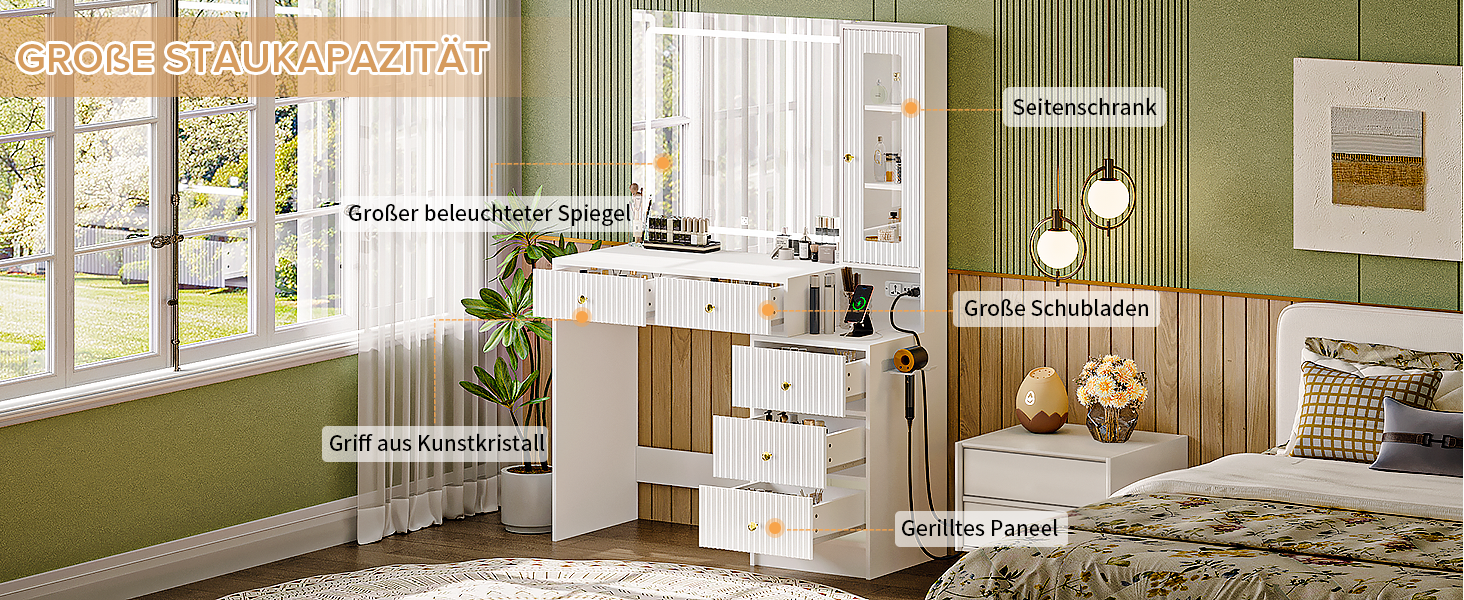 Дзеркальний туалетний столик Belife з підсвічуванням та 7 шухлядами, з розеткою та 3 кольорами світла для спальні (V3)