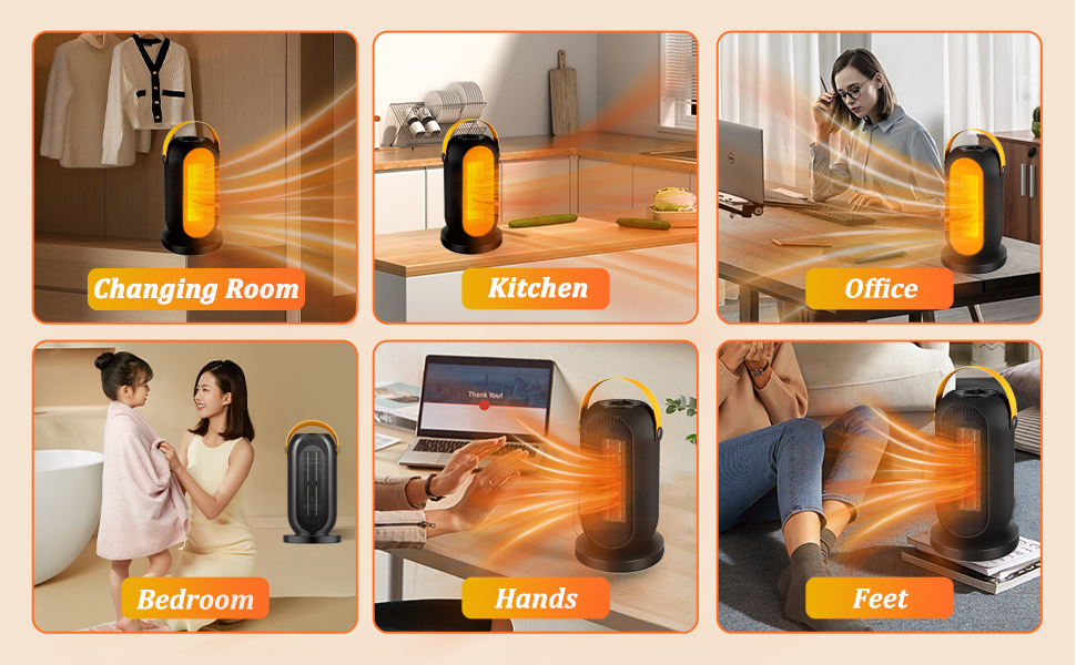 Електричний обігрівач з керамічним PTC нагрівачем, 1200W, з термостатом та захистом від перегріву та перекидання. Підходить для дому та офісу.