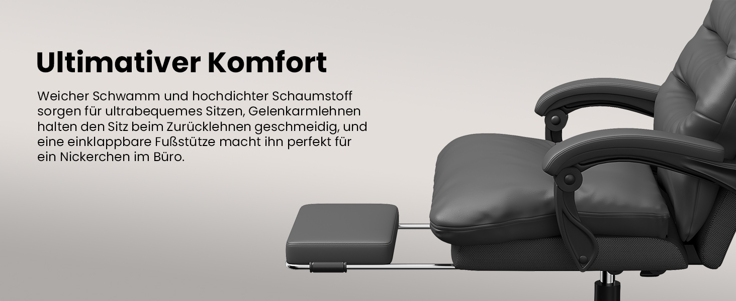 Ергономічне крісло для офісу Naspaluro з підніжкою, крісло для комп'ютера з двошаровою подушкою, високою спинкою, функцією відкидання, регулюванням висоти, з PU-шкіри, чорне, до 150 кг