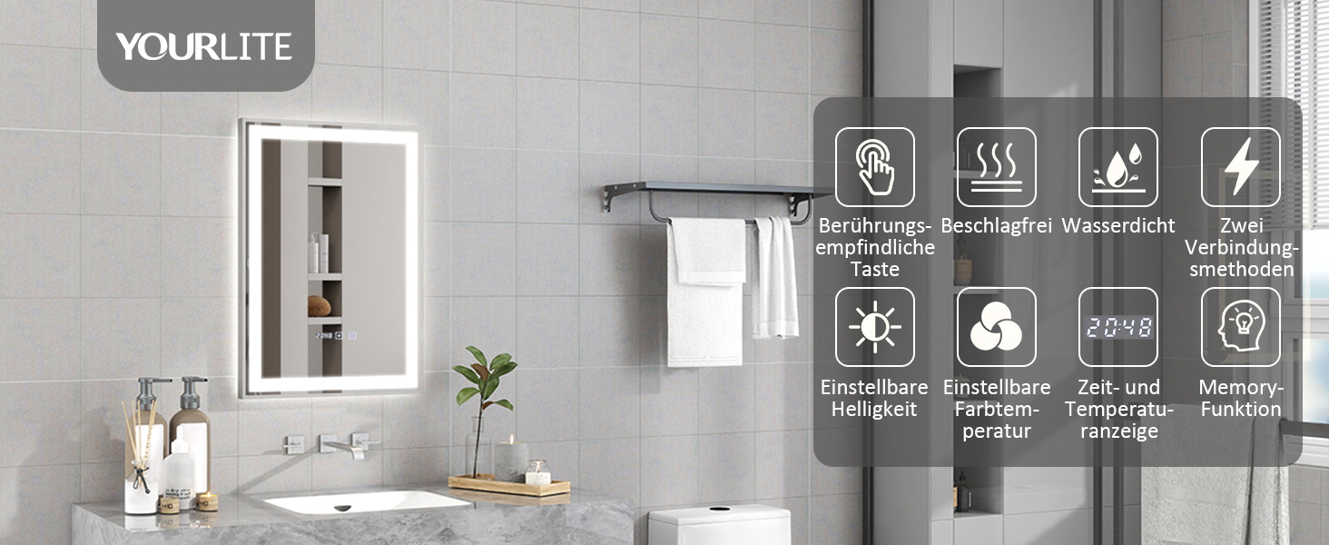 Дзеркало для ванної кімнати YOURLITE з підсвічуванням, 85x55 см, LED, сенсорне керування, 3 кольори світла, регулювання яскравості, антизапар, горизонтальне/вертикальне, IP44, білий (Silver-5070)