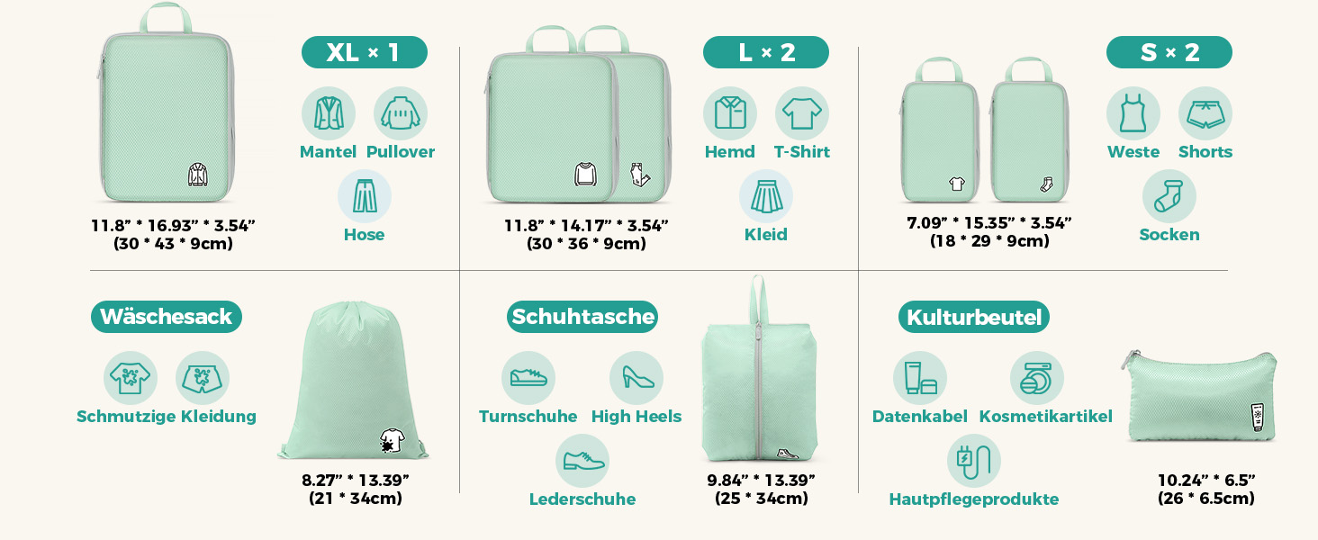 Набір органайзерів для подорожей у валізу з компресією, 8 водонепроникних пакувальних кубів для ручної поклажі та рюкзака, зелений колір