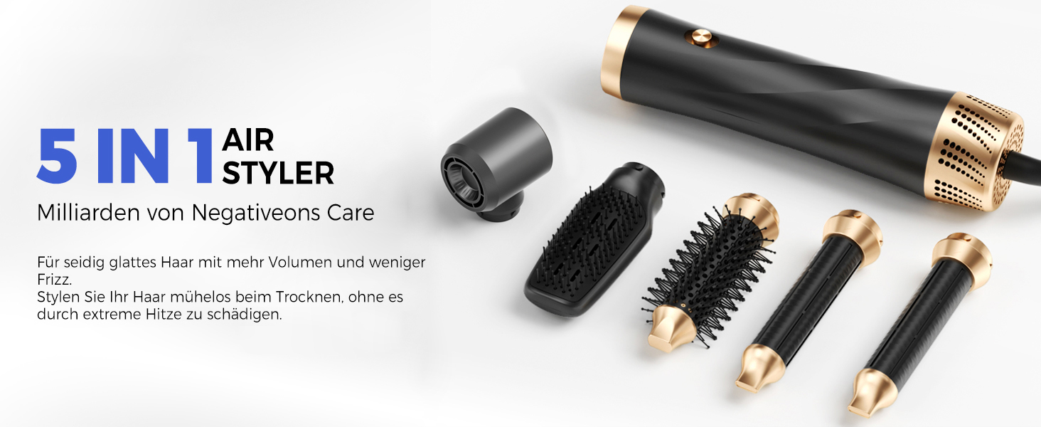 UMIGA Airstyler 5 в 1: Фен-щітка, кругла щітка, плойка та випрямляч для волосся 1000 Вт, 3 режими нагріву, рожево-чорний