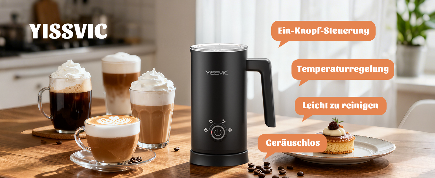 Електричний спінювач молока YISSVIC 4-в-1: автоматичний, 500W, антипригарне покриття, для капучіно, лате, макіато