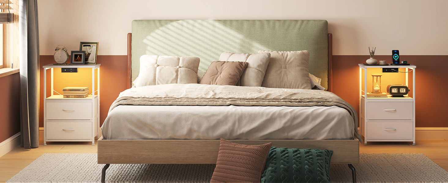 Приліжкова тумбочка Coleshome біла з USB, розеткою та LED-підсвіткою, 2 висувні ящики та полиця, для невеликих спалень, 40x30x60 см, в упаковці 1 шт.