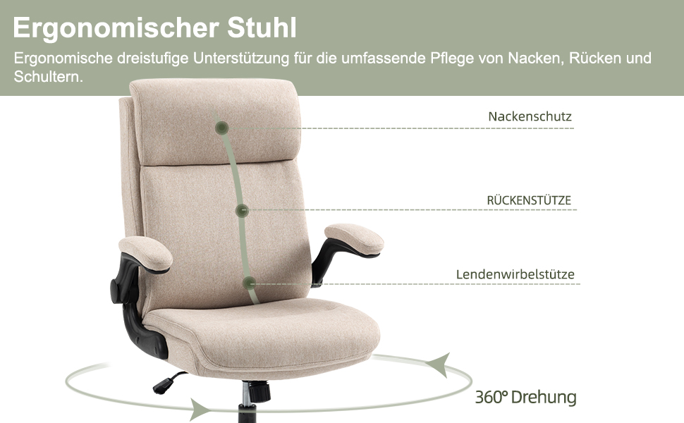 Офісний стілець CASTLOVE з ергономічною спинкою, регульовані підлокітники, висока спинка, регулювання висоти, функція гойдання (тканина бежевого кольору, до 150 кг)