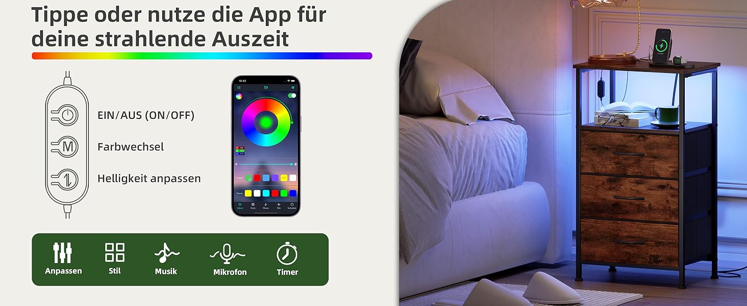 Нічний столик Somdot з підзарядкою, LED, розеткою (USB, Type-C) для спальні, вітальні, дитячої кімнати. Нічний столик, тумбочка, 30x40x60 (2 висувні ящики), деревоподібний масив, 2