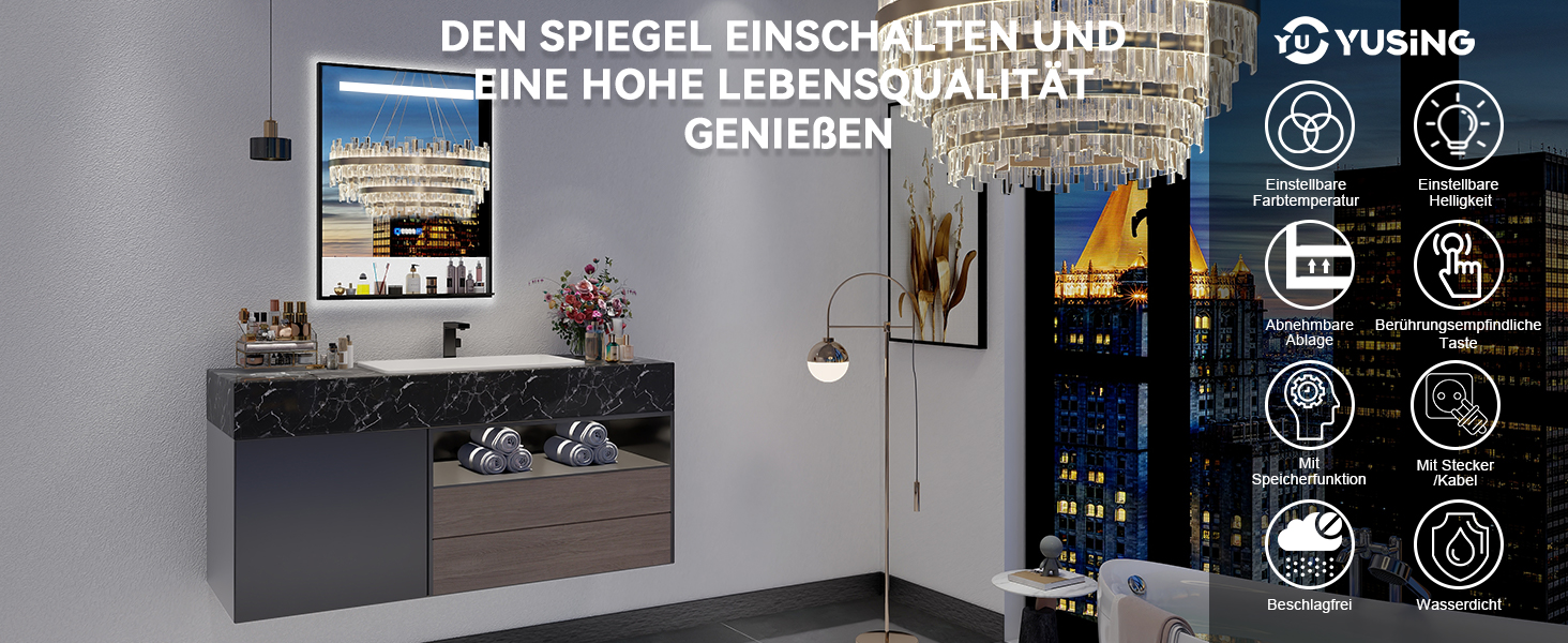 Дзеркало для ванної кімнати YU YUSING 80x60 см з підсвічуванням LED, 3 кольори світла, регулювання яскравості, антизапарник, сенсорне управління, таймер, загартоване скло, IP44 (чорний з полицею)