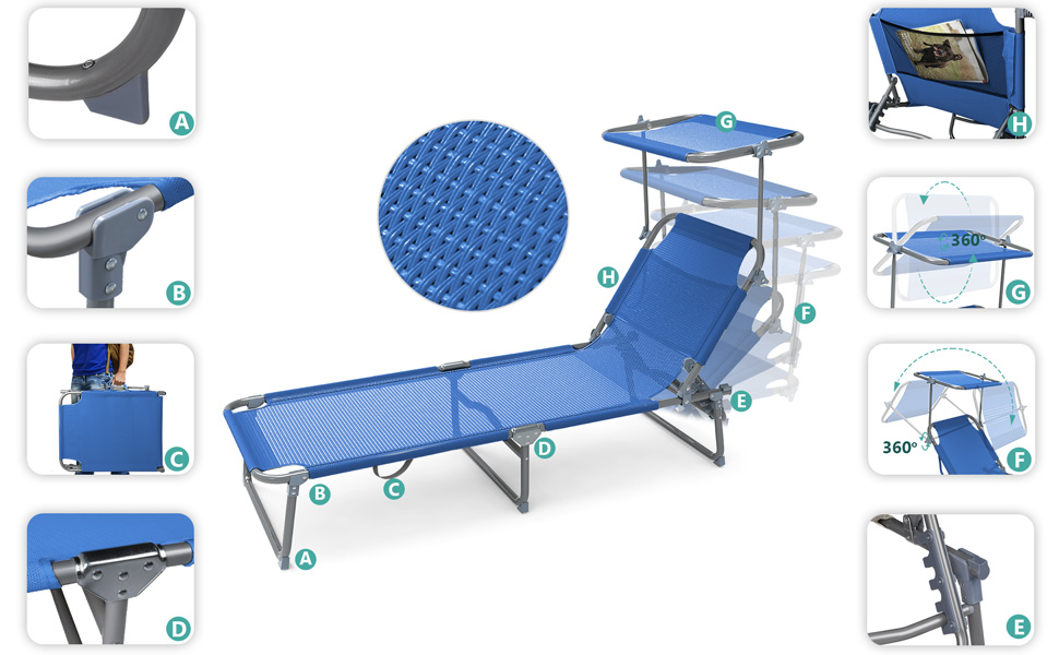 VOUNOT 2 шт. Розкладні шезлонги для саду, пляжу та басейну з регульованою спинкою (Блакитний)
