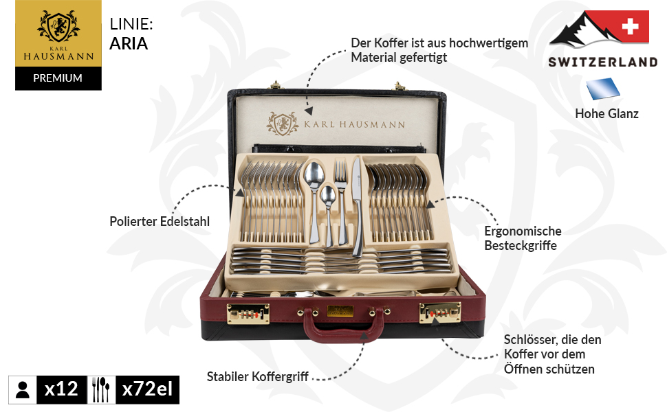 Набір столових приборів Karl Hausmann на 12 осіб, 72 шт. и, нержавіюча сталь, в т.ч. футляр і сервер для тортів, можна мити в посудомийній машині